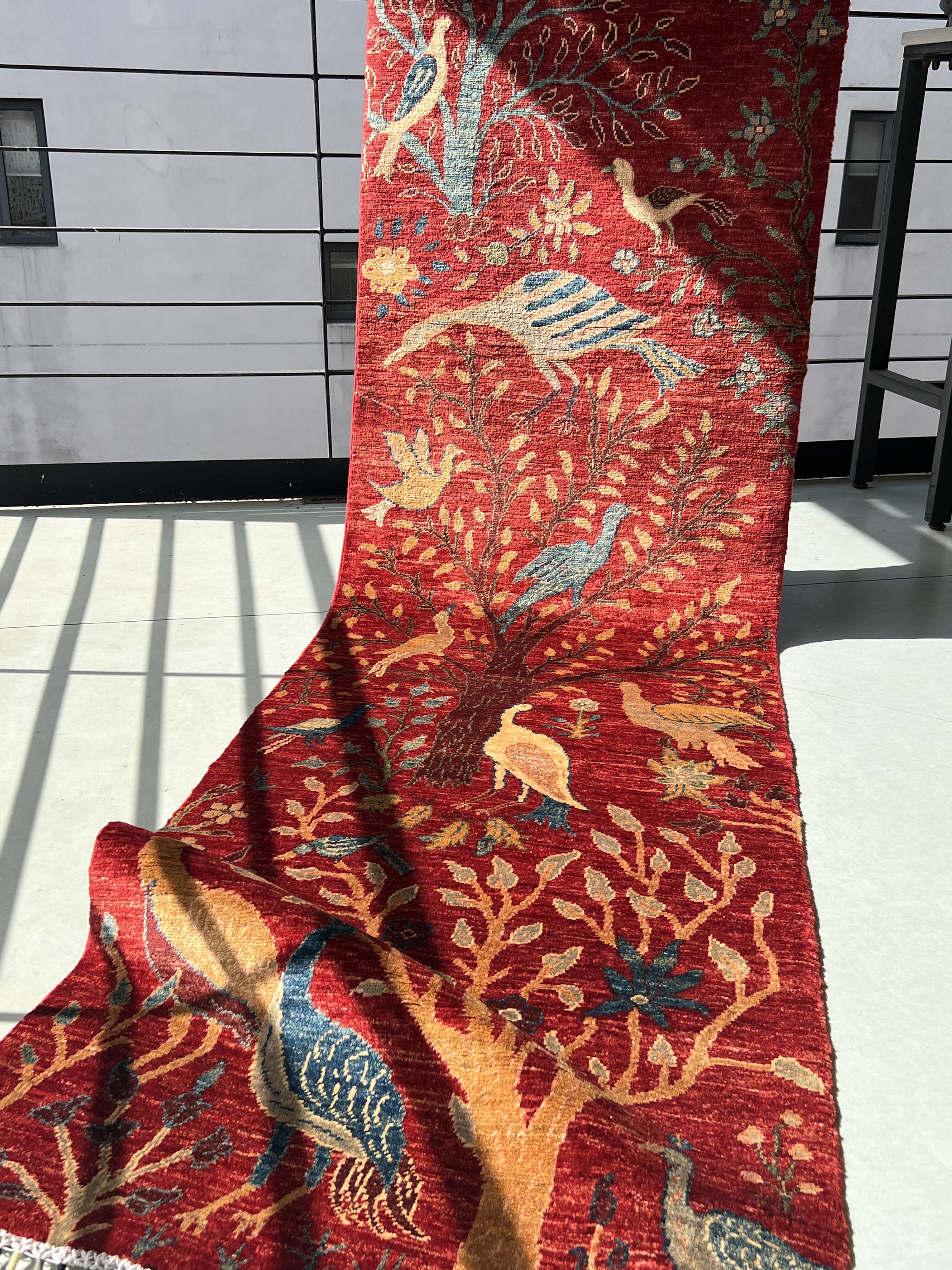 梭罗双树｜80*300左右红色系手工打结长条过道毯走廊毯 吉祥百鸟