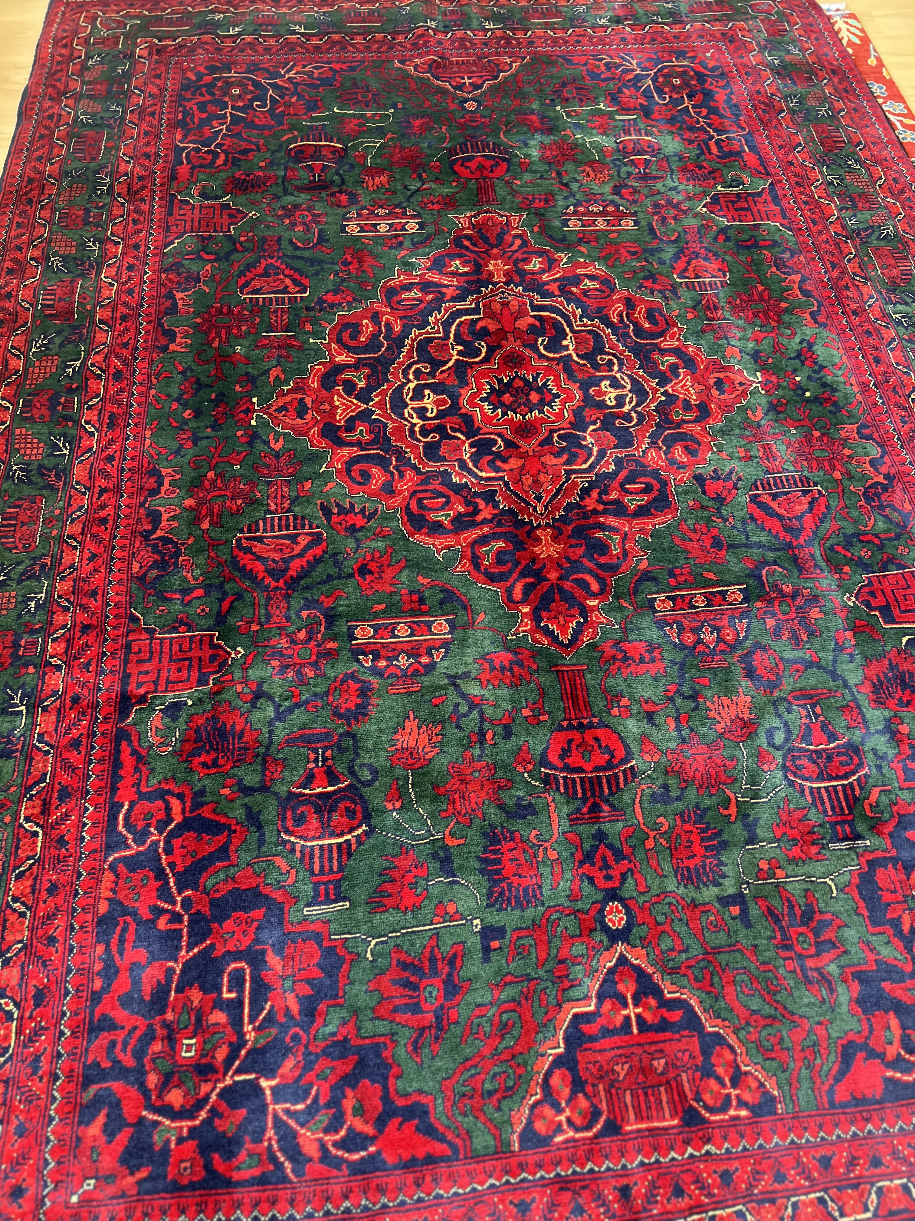 梭罗双树｜200*300左右复古绿阿富汗羊毛手工打结地毯客厅大地毯