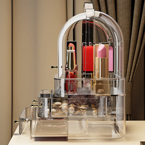 高颜值化妆品收纳一体柜台面梳妆台口红护肤品防尘收纳盒置物架