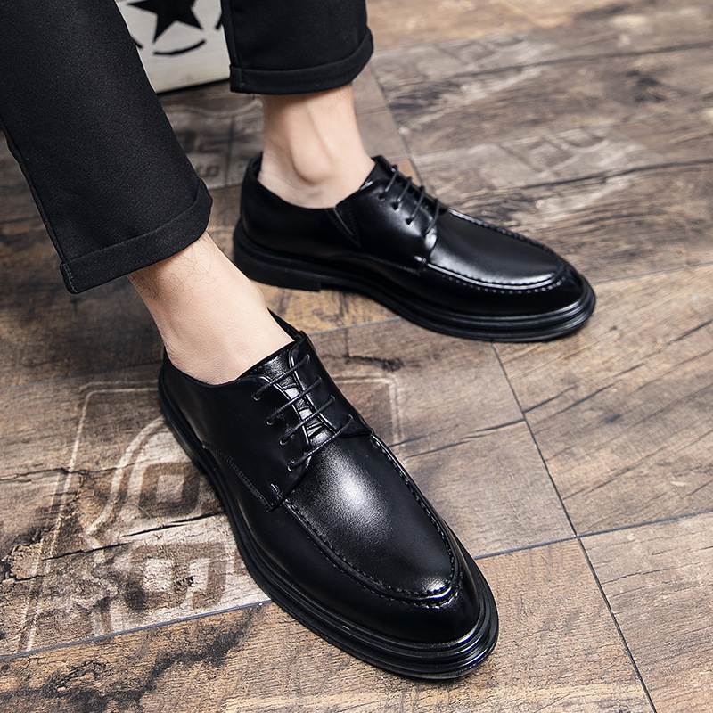 商务休闲尖头男皮鞋系带软皮透气夏秋季韩版增高正装皮鞋结婚皮鞋