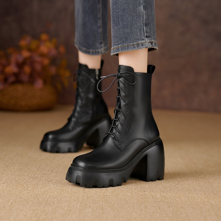 秋冬小个子马丁靴牛皮米白色厚底增高女鞋超高跟短靴10cm中筒靴子