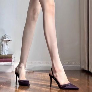 疯狂星团~细跟一字带水钻真皮包头凉鞋女细跟尖头绸缎半拖鞋