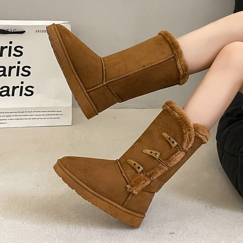 高筒雪地靴女款2024冬季防滑加厚保暖长筒靴三粒扣雪地棉鞋女靴子