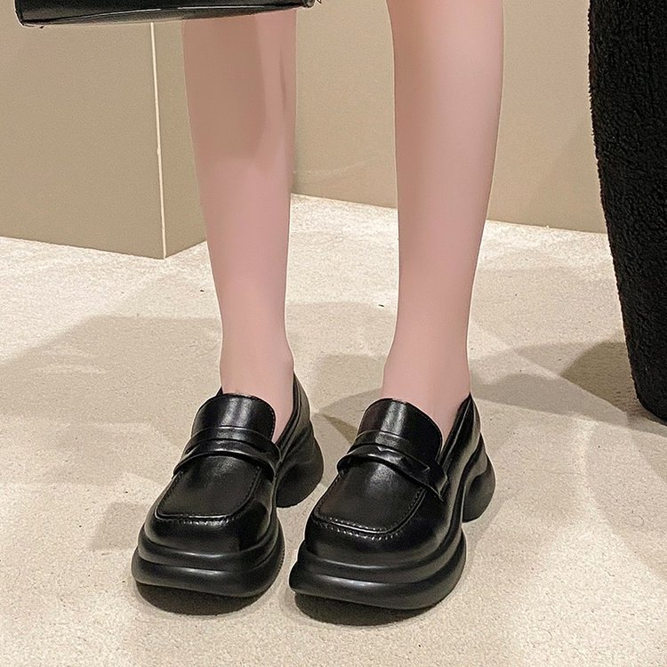软皮乐福鞋女2025春秋季新款厚底增高小个子软底黑色英伦风小皮鞋