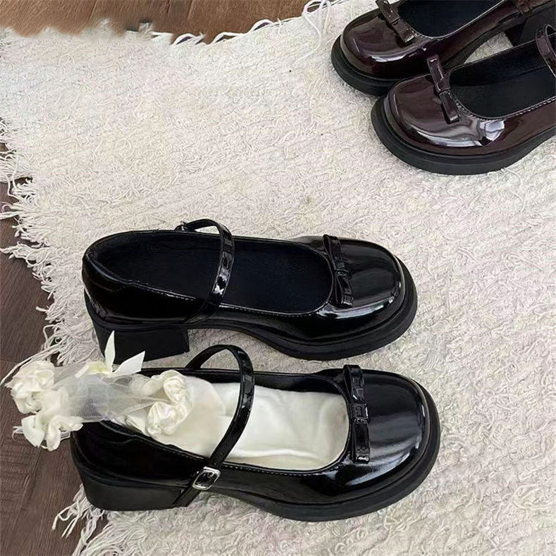 圆头浅口一字扣增高单鞋粗跟厚底小皮鞋蝴蝶结法式复古玛丽珍鞋女