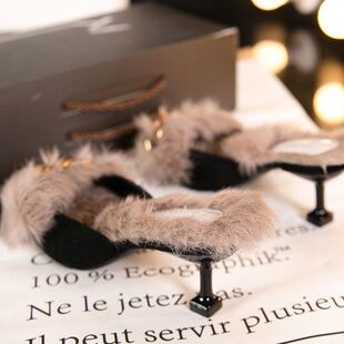 毛毛高跟鞋女冬天细跟2024年时尚加绒网红气质包头半拖鞋女外穿潮