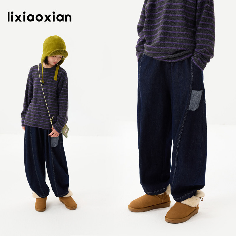 梨小闲原创女童抓绒磨毛牛仔裤