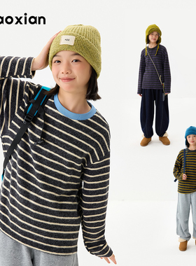 梨小闲原创童装儿童轻柔T恤毛衣冬新款女孩条纹暖绒衣中大童上衣