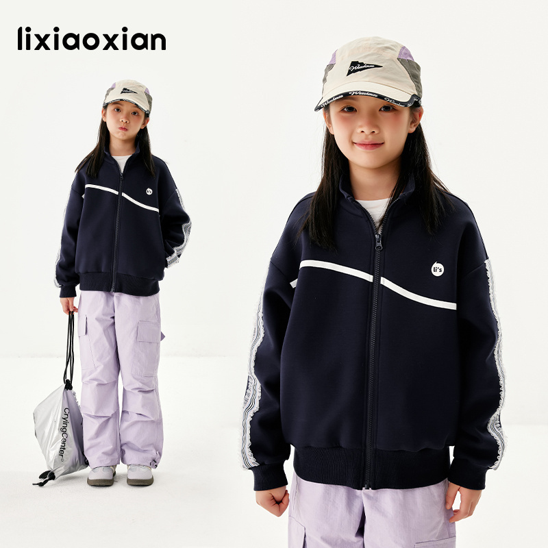 梨小闲女童春秋立领蕾丝边外套