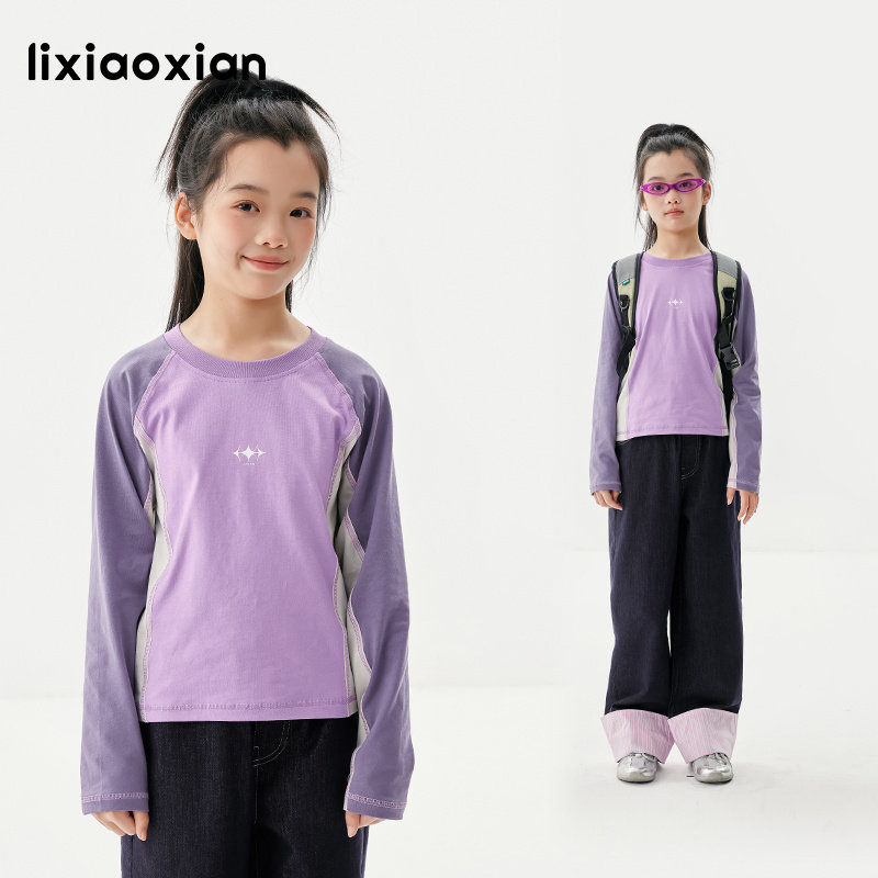 梨小闲女童圆领拼色运动休闲T恤