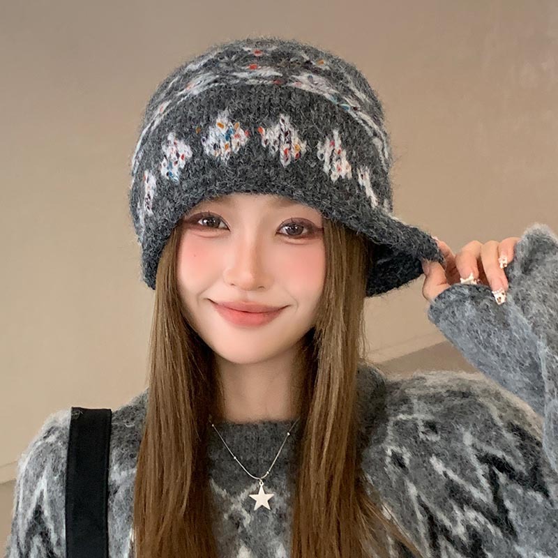 2025新款秋冬季提花针织卷边包头帽女保暖时尚百搭显脸小毛线帽子