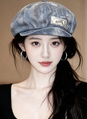 复古牛仔软檐八角帽女显脸小