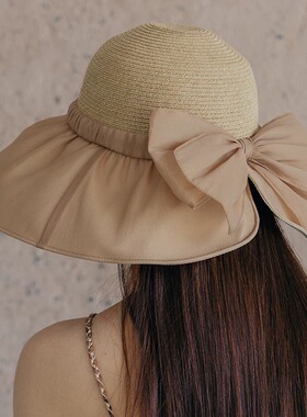布公仔春夏款草编蝴蝶结遮阳帽女夏季大檐防晒防紫外线显脸小帽子