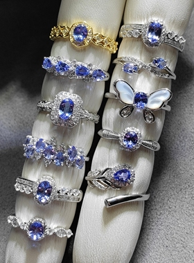 天然坦桑石戒指925银戒指坦桑石蓝色切面净体火彩好蓝宝石戒指