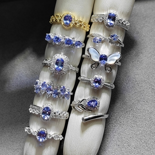 天然坦桑石戒指925银戒指坦桑石蓝色切面净体火彩好蓝宝石戒指