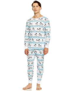 男士春秋舒适螺纹纯棉长袖家居服打底衣打底裤居家有机棉白底企鹅