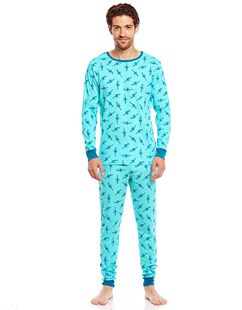 男士春秋舒适螺纹男装纯棉长袖家居服打底秋裤秋衣天蓝鲨鱼 XS-XL