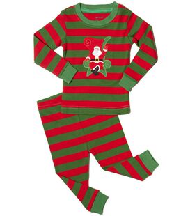 童装男童女童纯棉螺纹打底套装秋衣秋裤居家服红绿条纹 圣诞老人