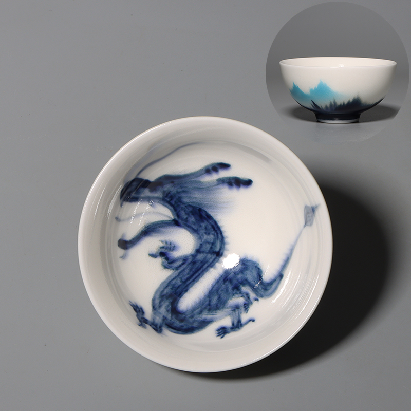 台湾邱毓宁青花手绘祥龙山水杯孔雀盏杯茶杯台湾原创 70ml
