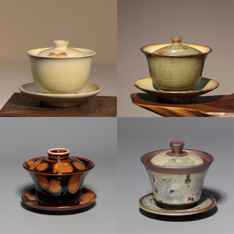 台湾张美芬张书曜陈永皓柴烧盖碗灰釉玳瑁盖碗三才盖碗