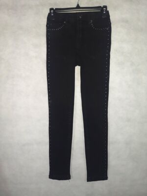 春季新品外贸原单vm弹力修身显瘦黑色亮片牛仔小脚裤大码女裤