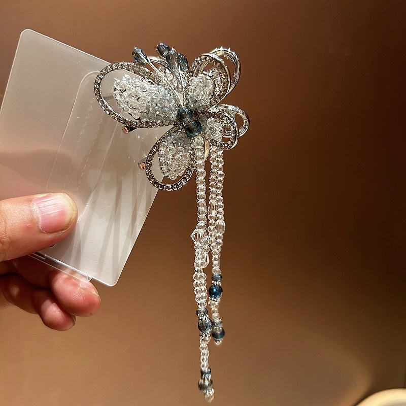 韩国手工串珠水晶合金蝴蝶发夹蓝白流苏点缀精致优雅发夹鲨鱼夹子