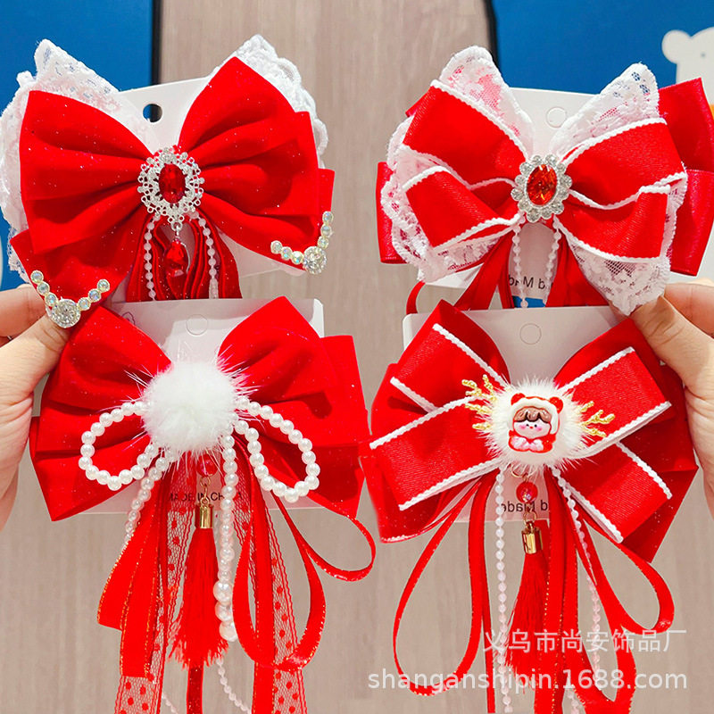 2026儿童红色复古发夹喜庆新年古风发饰女童宝宝春节汉服发卡厂家