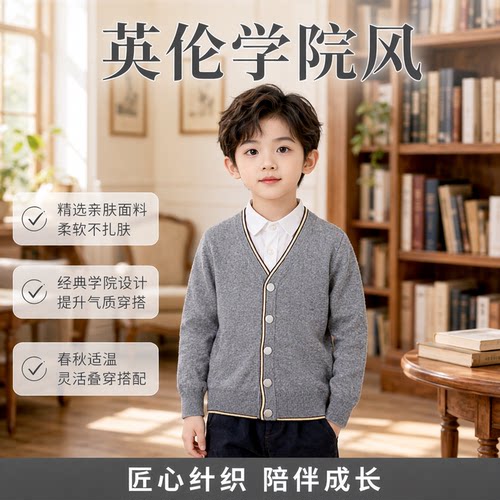校服毛衣针织开衫灰色纯棉春秋季
