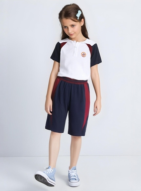 清江外国语校服t恤英伦风中小学生藏青夏季短袖短裤运动套装
