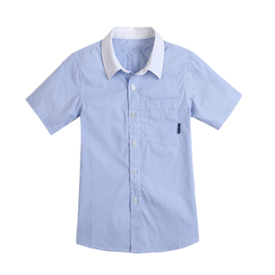 棉中大童表演服小学生学院校服 童短袖 伊顿儿童白蓝细间条衬衫 男