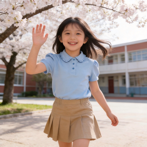 兰诗国际同款浅蓝T恤夏季短袖亲肤校服女童花边翻领纯棉Polo衫