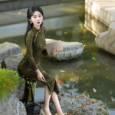 小长款旗袍双层弹力网纱植绒墨绿色旗袍秋冬新款复古中式连衣裙