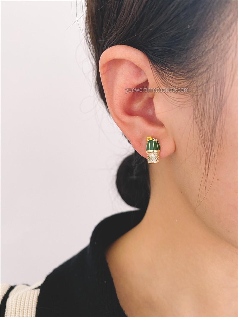 微镶滴油仙人球盆栽 铜镀真金 手工diy耳环配件 半成品材料