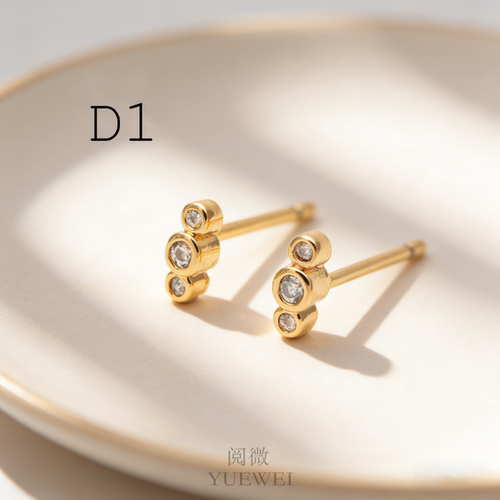 三连锆石耳钉DIY铜镀真金饰品