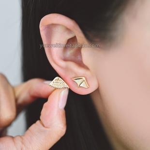 天使恶魔翅膀不对称耳钉 铜镀真金 手工diy饰品配件 半成品材料