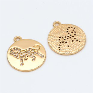 金色微镶狮子座圆形吊坠 铜镀真金 手工diy饰品配件 半成品材料