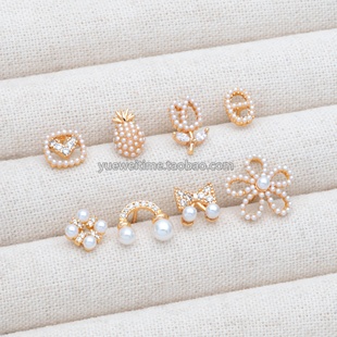 微镶仿珍珠蝴蝶结/花朵耳钉 铜镀真金 手工diy饰品 半成品材料