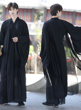 汉服男夏黑色雪纺霸气侠客风套装古装学生仙气古风舞蹈演出大袖衫