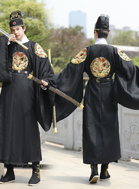 现货汉服男龙袍明制圆领袍黑色霸气皇帝四团龙重工绣花中国风古风