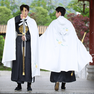 汉服男斗篷披风薄款春夏白色神鸟重明鸟昙花绣花原创正品古风带帽
