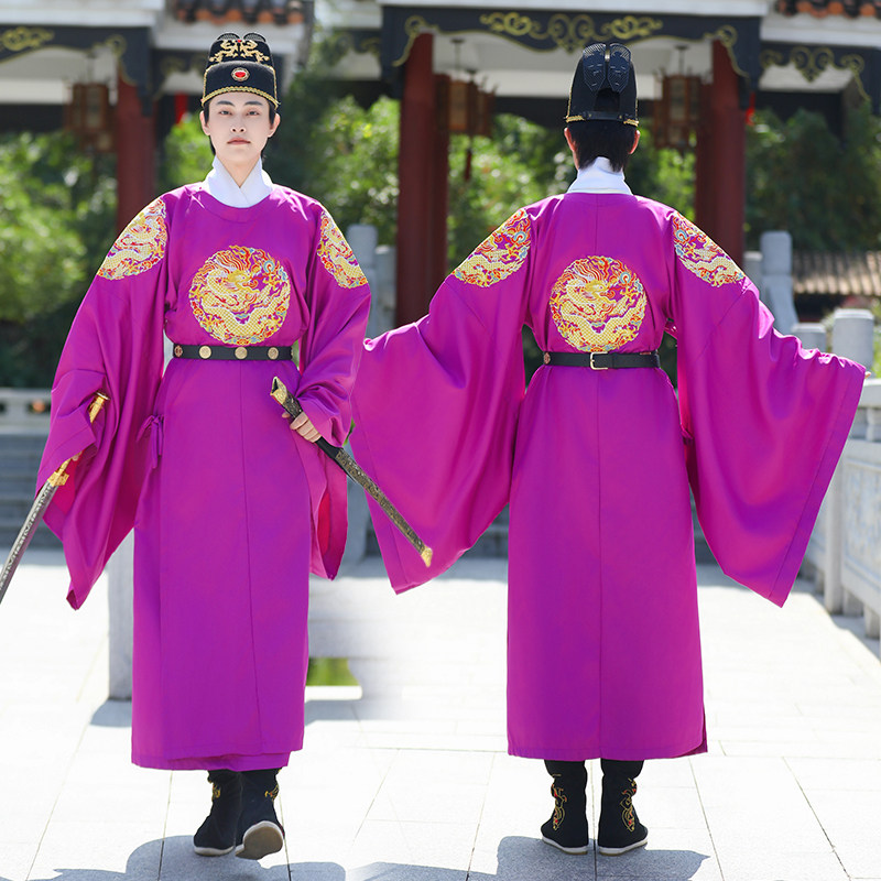 现货汉服男龙袍明制圆领袍皇帝紫色四团龙重工绣花复原中国风古风