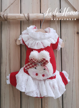 洛迪家宠物比熊泰迪茶杯犬约克夏猫咪秋冬加绒红色针织四脚连身衣