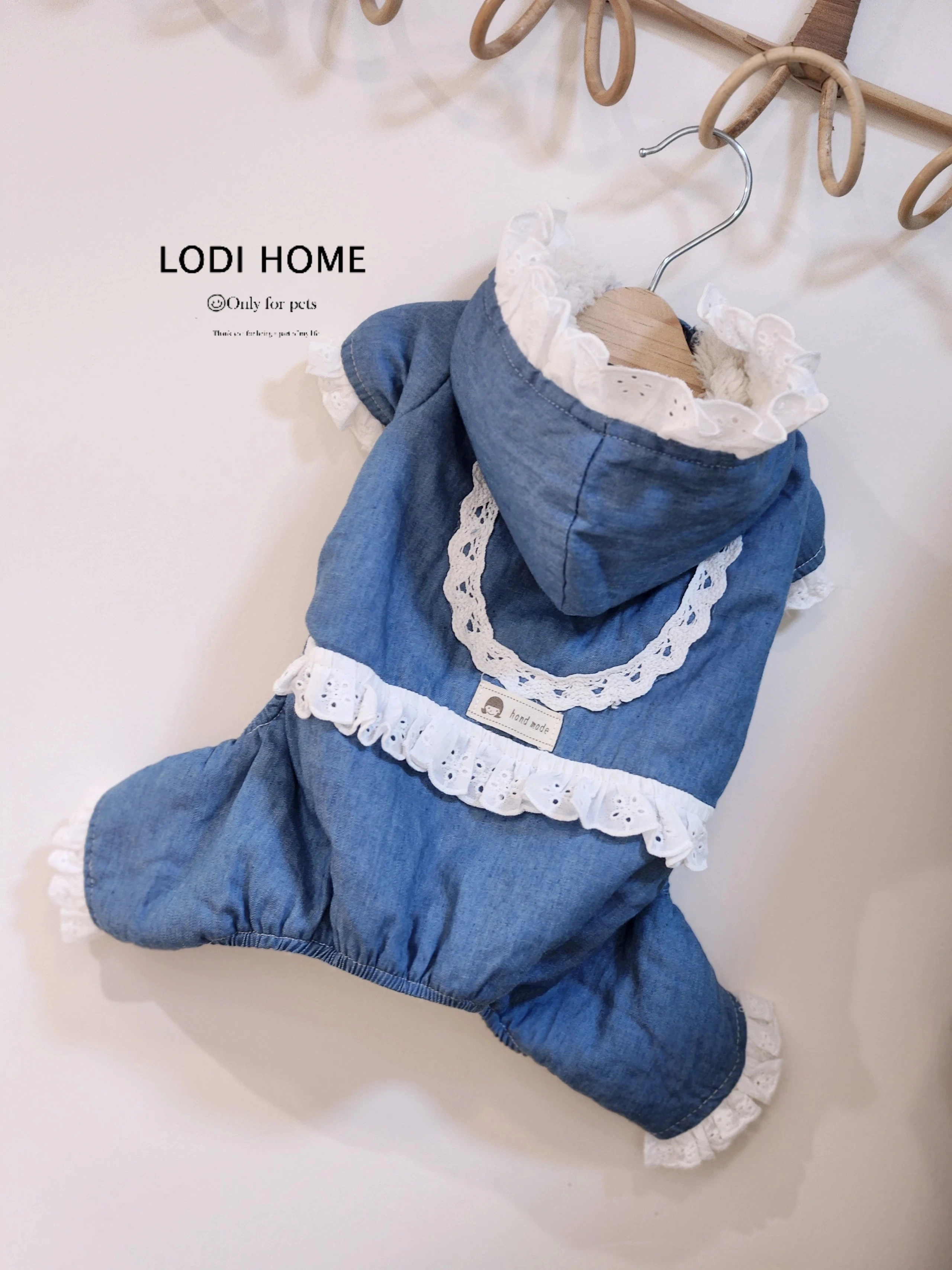 洛迪家比熊贵宾秋冬蕾丝边连帽四脚衣服泰迪猫狗小中型