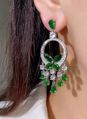 玻璃火彩网红绿色蝴蝶圆形耳环2025新款爆款耳钉银针耳坠高级感女