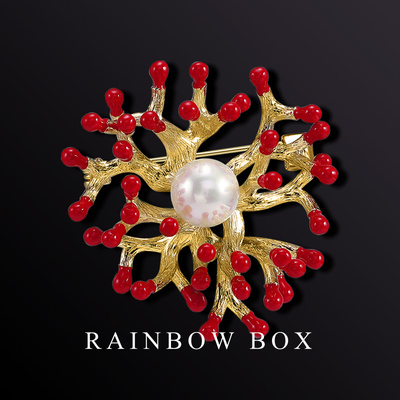 欧美珍珠母贝女高档红红火火胸针