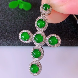 A货冰种满绿蛋面925银镶嵌翡翠项链女吊坠