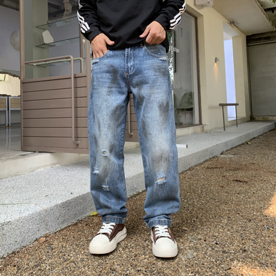 2024新款高端美式高街潮牌假破洞脏脏印花牛仔裤男痞帅风直筒宽松