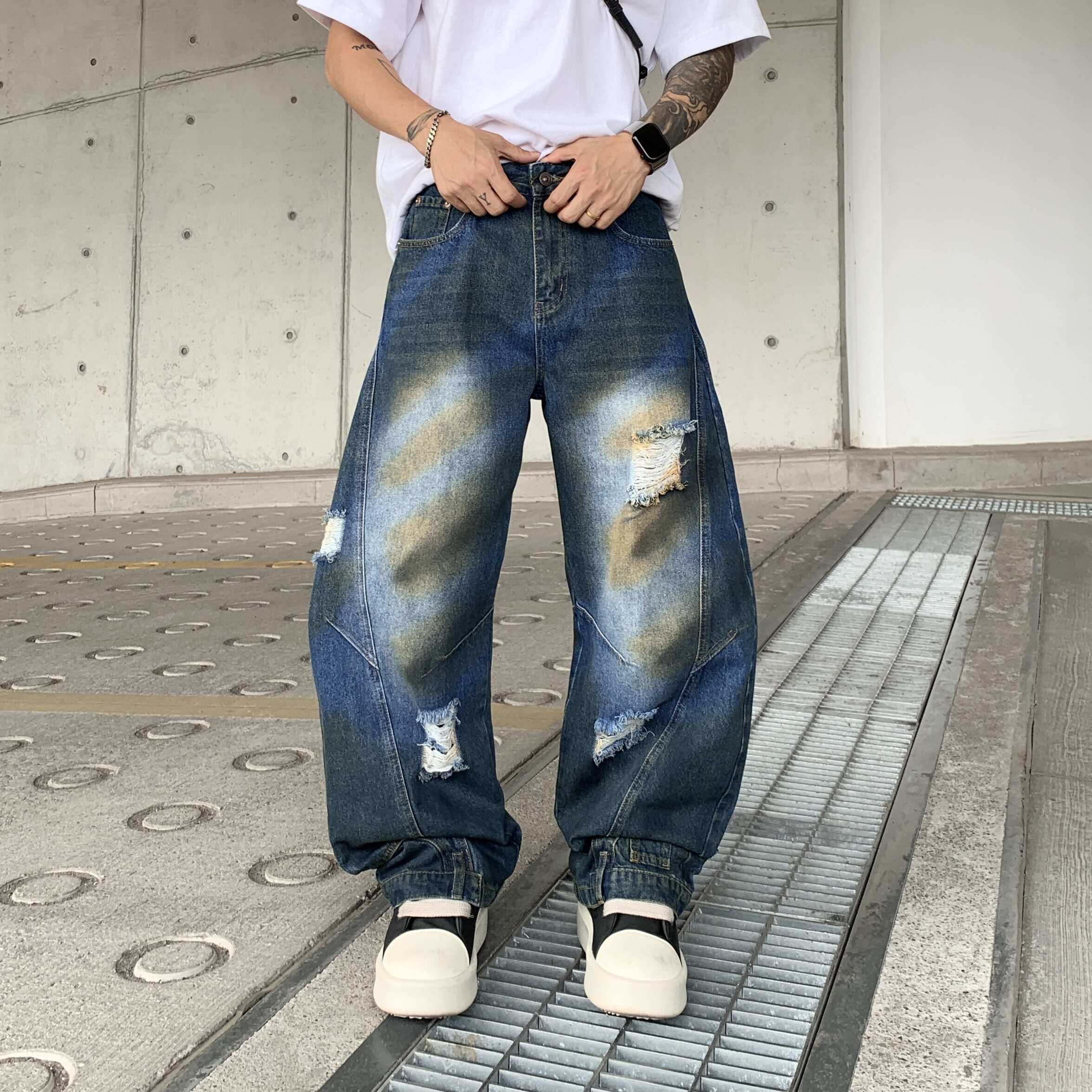 美式高街破洞牛仔裤男女