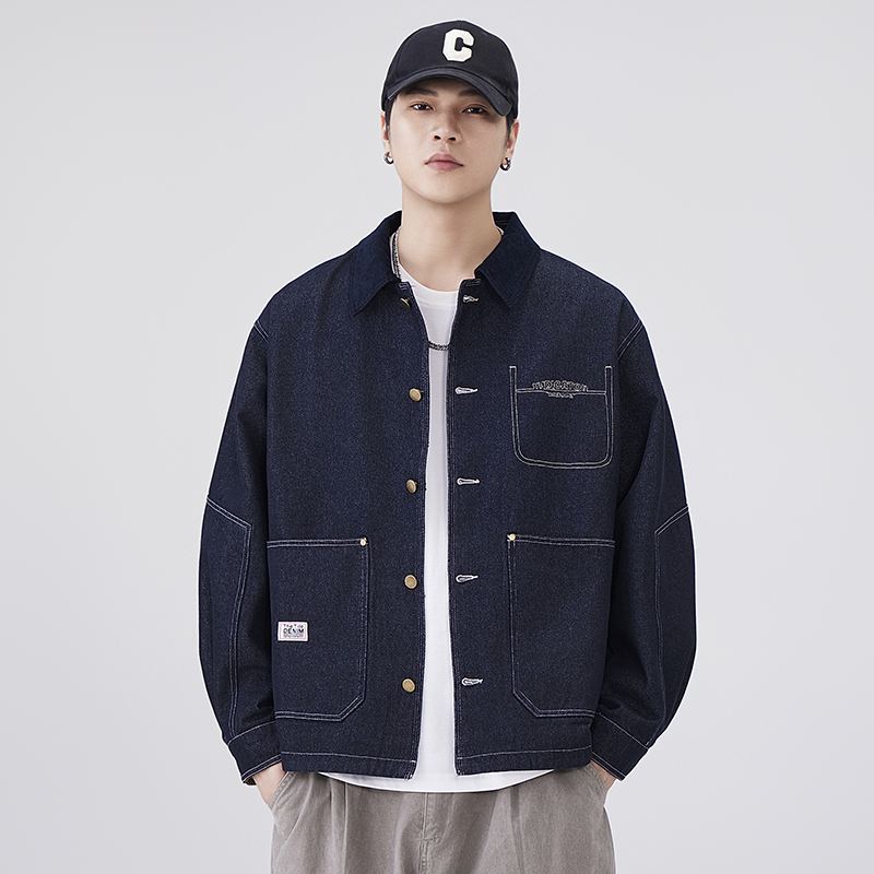 专柜高端丹宁酵洗灯芯绒撞色翻领牛仔外套男士秋季新款休闲夹克男