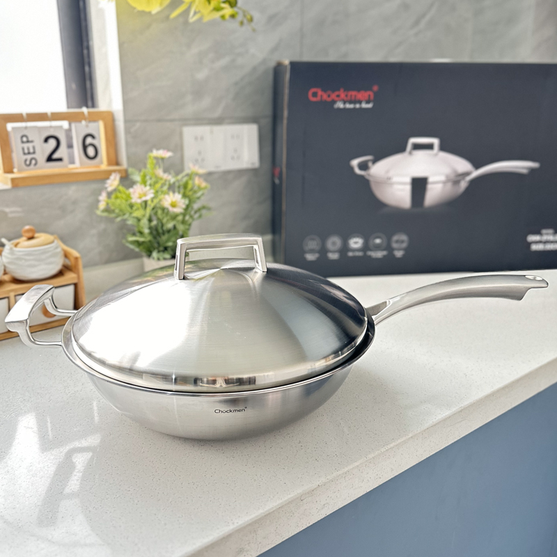 【卓德铭】5层钢夹铜32cm炒锅18/10不锈钢无涂层炒菜锅物理不粘锅